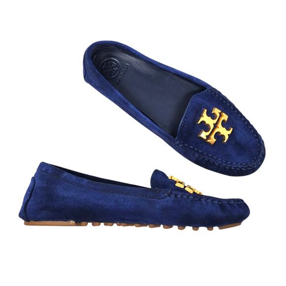 Tory Burch Everly Driver Loafers Nat Suede Royal Navy Rolled Brass 83642 Size 6 - Picture 1 of 11